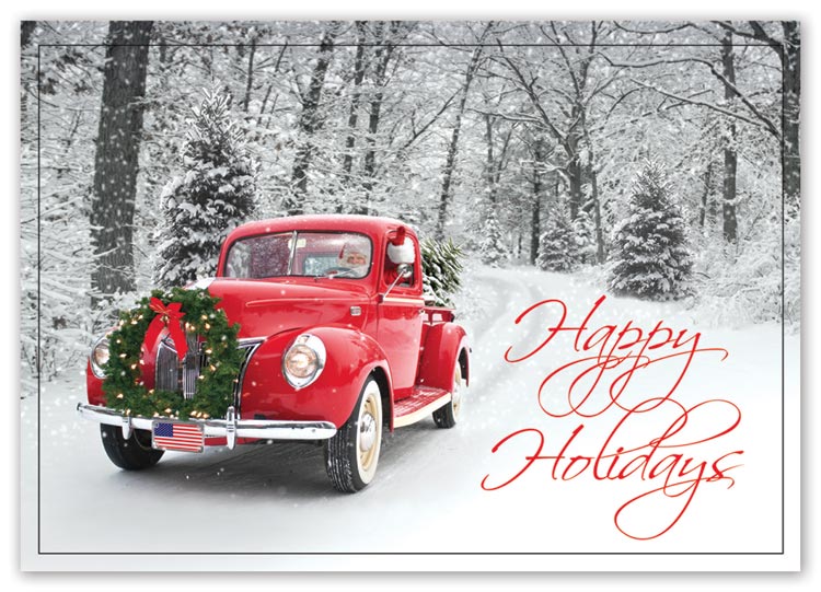 Budget holiday card with quaintly vintage and Santa riding and with custom options

