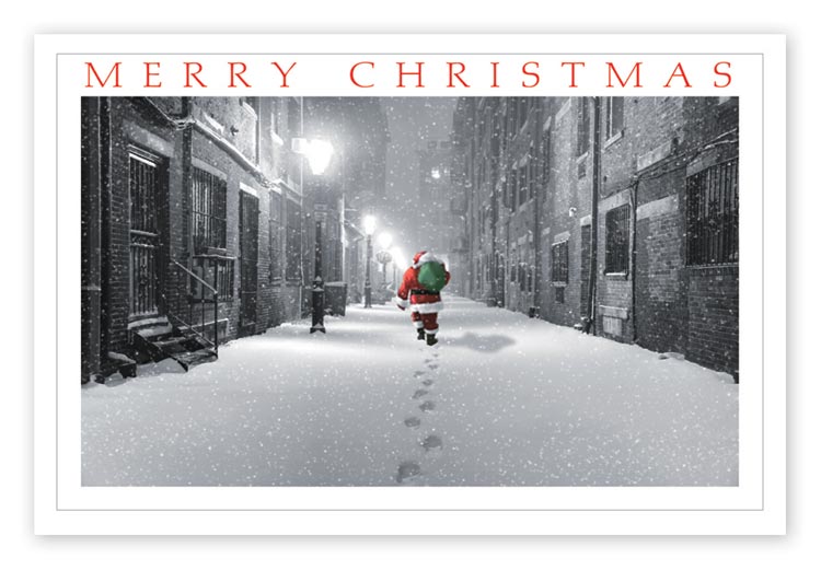Custom printed Christmas postcard with Santa walking up a quiet winter street.