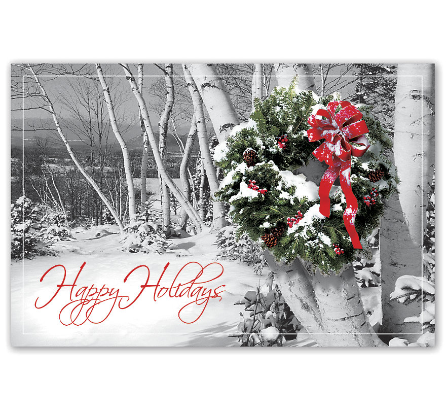 Holiday postcard that comes with a snowy wreath theme and is affordable.