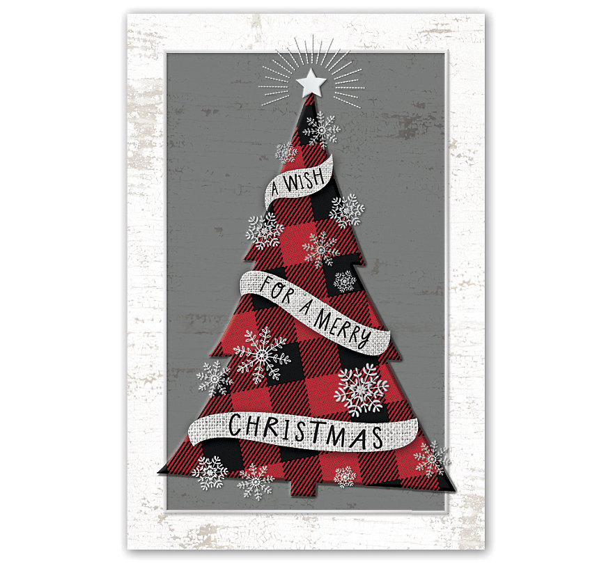 Vertical holiday postcards featuring a tree covered in plaid materials.