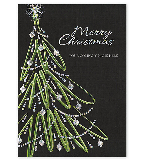 Send your clients fun holiday wishes with this black linen card. It can be personalized with your company name on the front.