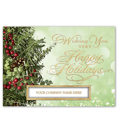 Wish your clients the best this holiday season with this card that boasts a die cut window to showcase your company name.