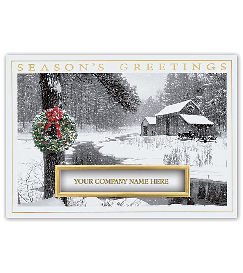 A beautiful winter scene with a window to showcase your company name make this card special.