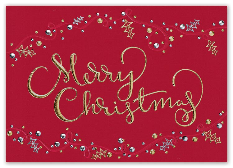 Merry Christmas holiday cards printed with your information in gold or silver foil.