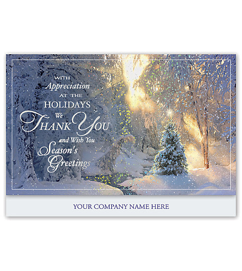 A beautiful winter scene adorns this card with unique finishes.
