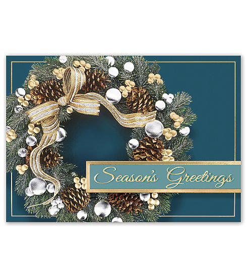 Send this beautiful card adorned with a wreath and ornaments to your customers this holiday season.