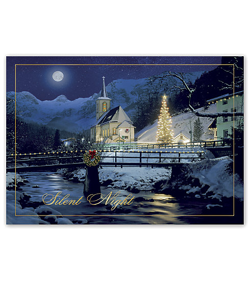 A winter scene and white chapel grace the front of this card.
