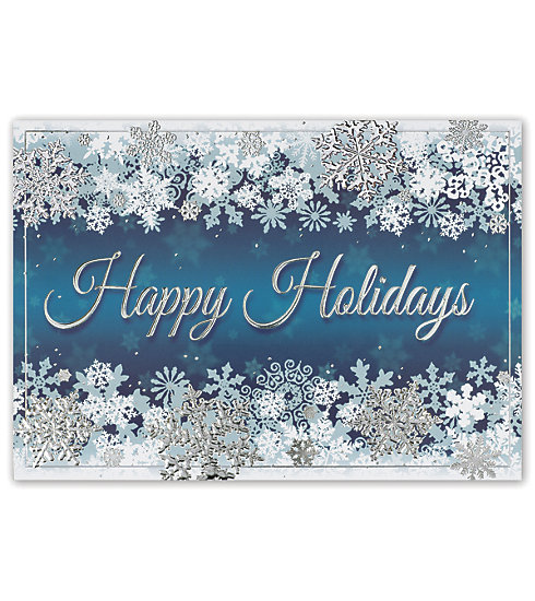 Beautiful silver snowflakes frame this luxurious metallic blue card.