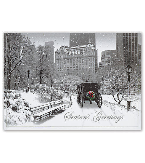 A vintage car in a snowy night park makes this card the perfect choice for wishing your clients the best this season.