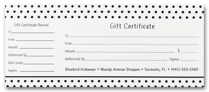 Product #817 - Custom gift certificate for your retail store with black dots pattern.