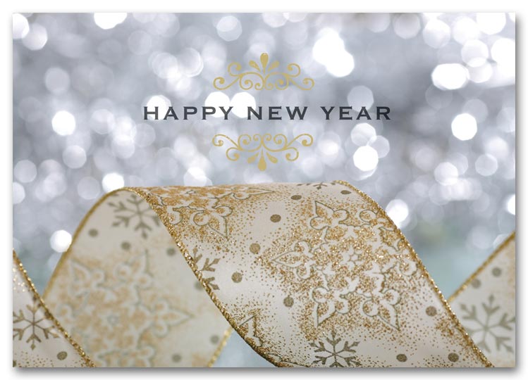 New Year holiday cards custom printed with your company name and a gold bow and silver sparkles.