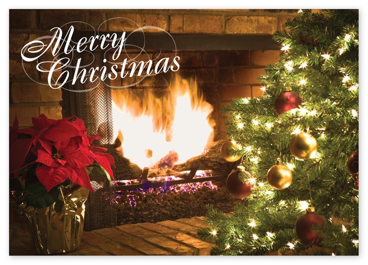 Budget holiday hearth card with full-color imagery and black ink imprint