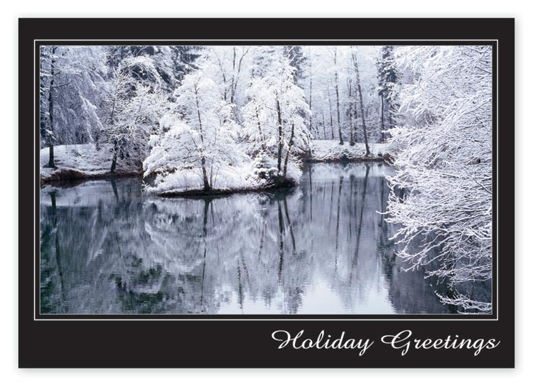 Budget holiday cards with simple cool reflections and imprint limited to black ink

