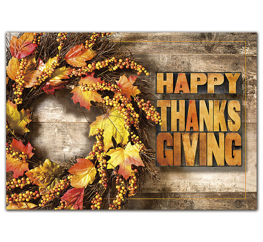 Custom printed business Thanksgiving cards featuring a wreath in Fall colors.