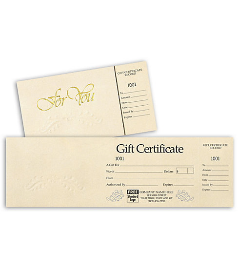 These elegant ivory gift certificates with gold embossing give the gift of class.