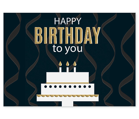 Gold foil accents dance the night away on the black and white Time to Party birthday card. 