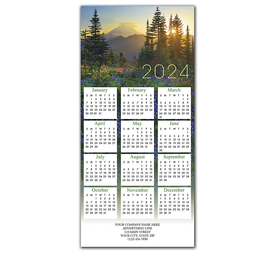 2024 holiday greeting cards with a forest view overlooking majestic trees and a mountain in the back.