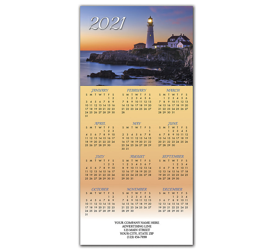 2021 holiday greeting cards with a coastal view of a lighthouse by the shore.